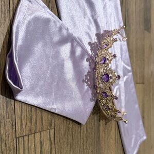 Lavender satin gloves with Gold and Purple Crown